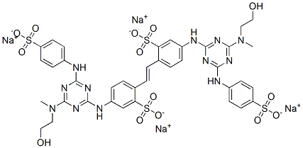 tetrasodium 4,4'-bis[[4-[(2-hydroxyethyl)methylamino]-6-[(4-sulphonatophenyl)amino]-1,3,5-triazin-2-yl]amino]stilbene-2,2'-disulphonate Struktur