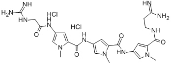 1H-Pyrrole-2-carboxamide, 4-(((4-((((aminoiminomethyl)amino)acetyl)ami no)-1-methyl-1H-pyrrol-2-yl)carbonyl)amino)-N-(5-(((3-amino-3-iminopro pyl)amino)carbonyl)-1-methyl-1H-pyrrol-3-yl)-1-methyl-, dihydrochlorid e Struktur