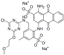 disodium 1-amino-4-[[2-[[[4-chloro-6-(2-methoxyethoxy)-1,3,5-triazin-2-yl]amino]methyl]-4-methyl-6-sulphonatophenyl]amino]-9,10-dihydro-9,10-dioxoanthracene-2-sulphonate Struktur