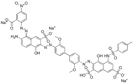 Benzoic acid, 2-[[2-amino-5-hydroxy-6-[[4'-[[1-hydroxy-8-[[(4-methylphenyl)sulfonyl]amino]-3,6-disulfo-2-naphthalenyl]azo]-3,3'-dimethoxy[1,1'-biphenyl]-4-yl]azo]-7-sulfo-1-naphthalenyl]azo]-5-nitro-, trisodium salt Struktur