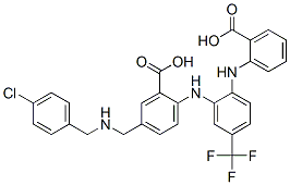 Benzoic  acid,  2-[[2-[(2-carboxyphenyl)amino]-5-(trifluoromethyl)phenyl]amino]-5-[[[(4-chlorophenyl)methyl]amino]methyl]- Struktur