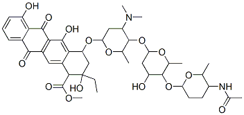 methyl 4-[5-[5-(5-acetamido-6-methyl-oxan-2-yl)oxy-4-hydroxy-6-methyl- oxan-2-yl]oxy-4-dimethylamino-6-methyl-oxan-2-yl]oxy-2-ethyl-2,5,7-tri hydroxy-6,11-dioxo-3,4-dihydro-1H-tetracene-1-carboxylate Struktur