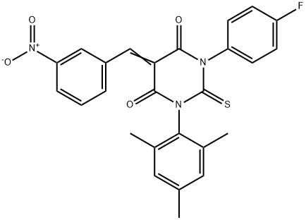 4,6(1H,5H)-Pyrimidinedione, dihydro-1-(4-fluorophenyl)-5-((3-nitrophen yl)methylene)-2-thioxo-3-(2,4,6-trimethylphenyl)- Struktur