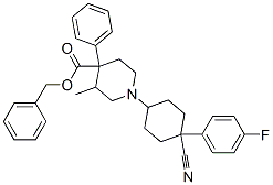 benzyl 1-[4-cyano-4-(4-fluorophenyl)cyclohexyl]-3-methyl-4-phenylpiperidine-4-carboxylate Struktur