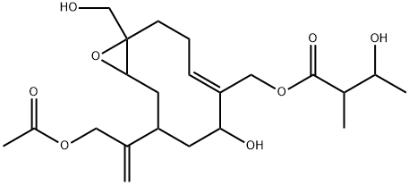 3-Hydroxy-2-methylbutanoic acid [8-[1-(acetoxymethyl)vinyl]-6-hydroxy-1-hydroxymethyl-11-oxabicyclo[8.1.0]undec-4-en-5-yl]methyl ester Struktur