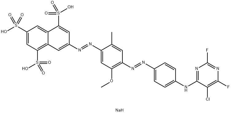 trisodium 7-[[4-[[4-[(5-chloro-2,6-difluoro-4-pyrimidinyl)amino]phenyl]azo]-5-methoxy-2-methylphenyl]azo]naphthalene-1,3,5-trisulphonate Struktur