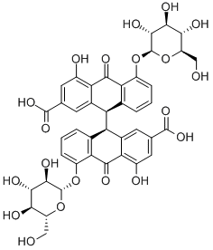 rel-(9R*,9'R*)-5,5'-ビス(β-D-グルコピラノシルオキシ)-9,9',10,10'-テトラヒドロ-4,4'-ジヒドロキシ-10,10'-ジオキソ-9,9'-ビアントラセン-2,2'-ジカルボン酸