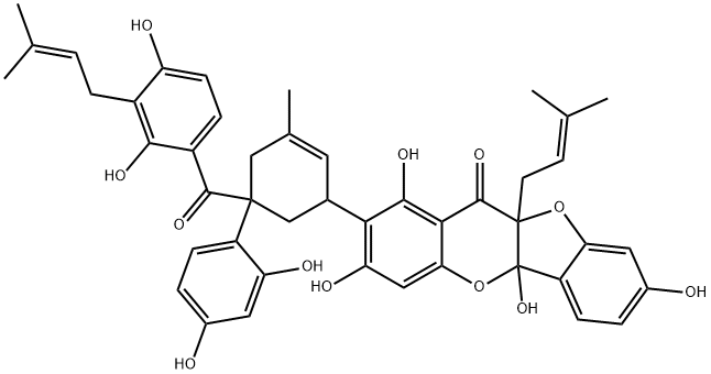 11H-Benzofuro[3,2-b][1]benzopyran-11-one, 2-[5-[2,4-dihydroxy-3-(3-methyl-2-buten-1-yl)benzoyl]-5-(2,4-dihydroxyphenyl)-3-methyl-2-cyclohexen-1-yl]-5a,10a-dihydro-1,3,5a,8-tetrahydroxy-10a-(3-methyl-2-buten-1-yl)- Struktur