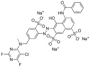 4-(benzoylamino)-6-[[5-[[(5-chloro-2,6-difluoro-4-pyrimidinyl)methylamino]methyl]-2-sulphophenyl]azo]-5-hydroxynaphthalene-1,7-disulphonic acid, sodium salt Struktur