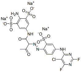 2-amino-5-[[2-[[4-[(5-chloro-2,6-difluoro-4-pyrimidinyl)amino]-2-sulphophenyl]azo]-3-oxobutyroyl]amino]benzene-1,3-disulphonic acid, sodium salt Struktur