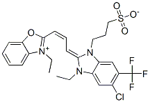 2-[3-[5-chloro-3-ethyl-1,3-dihydro-1-(3-sulphonatopropyl)-6-(trifluoromethyl)-2H-benzimidazol-2-ylidene]prop-1-enyl]-3-ethylbenzoxazolium Struktur