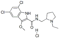 5,7-dichloro-N-[(1-ethyl-2-pyrrolidinyl)methyl]-3-methoxy-1H-indole-2-carboxamide monohydrochloride Struktur