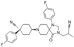 cis-8-[4-cyano-4-(4-fluorophenyl)cyclohexyl]-1-(4-fluorophenyl)-alpha-methyl-4-oxo-1,3,8-triazaspiro[4.5]decane-3-propiononitrile Struktur