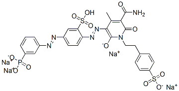 tetrasodium 2-[[5-(aminocarbonyl)-1,6-dihydro-4-methyl-2-oxido-6-oxo-1-[2-(4-sulphonatophenyl)ethyl]-3-pyridyl]azo]-5-[(3-phosphonatophenyl)azo]benzenesulphonate Struktur