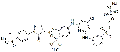 trisodium 4-[[4-chloro-6-[[3-[[2-(sulphonatooxy)ethyl]sulphonyl]phenyl]amino]-1,3,5-triazin-2-yl]amino]-2-[[4,5-dihydro-3-methyl-5-oxo-1-(4-sulphonatophenyl)-1H-pyrazol-4-yl]azo]benzenesulphonate  Struktur