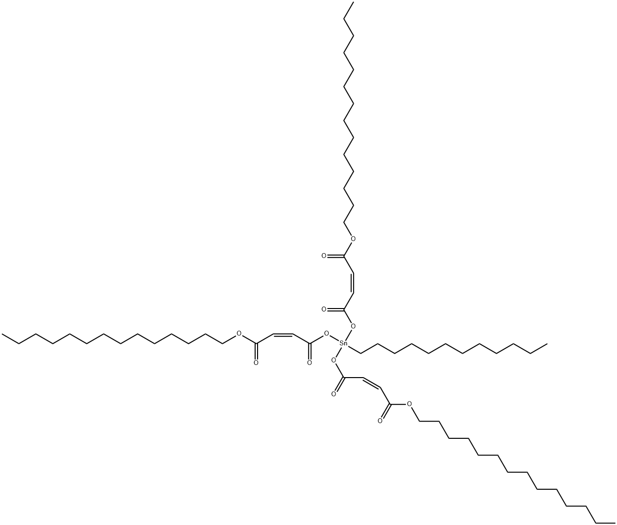 tetradecyl (Z,Z,Z)-6-[[1,4-dioxo-4-(tetradecyloxy)but-2-enyl]oxy]-6-dodecyl-4,8,11-trioxo-5,7,12-trioxa-6-stannahexacosa-2,9-dienoate Struktur