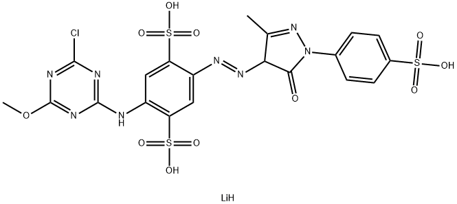 trilithium 2-[(4-chloro-6-methoxy-1,3,5-triazin-2-yl)amino]-5-[[4,5-dihydro-3-methyl-5-oxo-1-(4-sulphonatophenyl)-1H-pyrazol-4-yl]azo]benzene-1,4-disulphonate Struktur