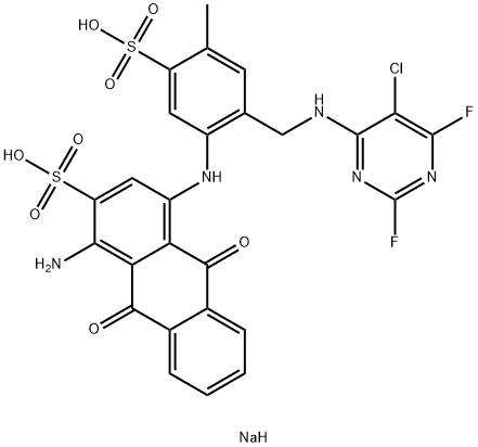 disodium 1-amino-4-[[2-[[(5-chloro-2,6-difluoro-4-pyrimidinyl)amino]methyl]-4-methyl-5-sulphonatophenyl]amino]-9,10-dihydro-9,10-dioxoanthracene-2-sulphonate Struktur