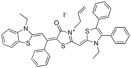 3-allyl-5-[2-(3-ethylbenzothiazol-2(3H)-ylidene)-1-phenylethylidene]-2-[(3-ethyl-4,5-diphenylthiazol-2(3H)-ylidene)methyl]-4-oxothiazolium iodide Struktur