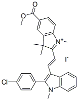 2-[2-[2-(4-chlorophenyl)-1-methyl-1H-indol-3-yl]vinyl]-5-(methoxycarbonyl)-1,3,3-trimethyl-3H-indolium iodide Struktur