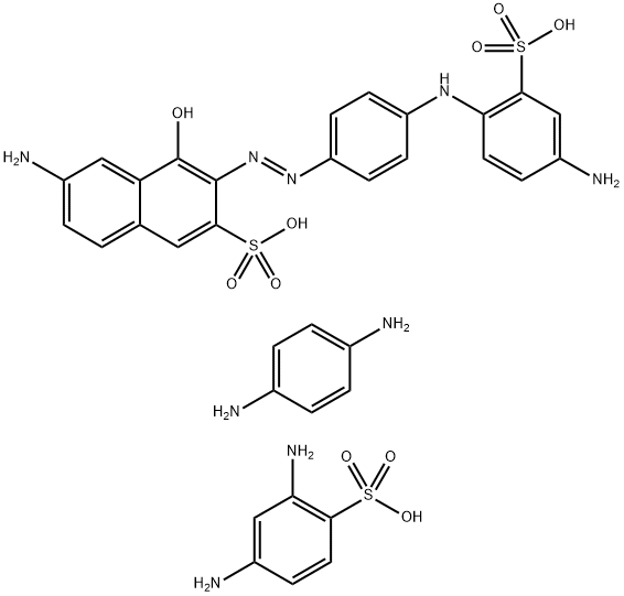 2-Naphthalenesulfonic acid, 6-amino-3-[[4-[(4-amino-2-sulfophenyl)amino]phenyl]azo]-4-hydroxy-, diazotized, coupled with 2,4-diaminobenzenesulfonic acid and p-phenylenediamine Struktur