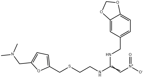 N-(1,3-benzodioxol-5-ylmethyl)-N'-[2-[[5-[(dimethylamino)methyl]furfuryl]thio]ethyl]-2-nitrovinylidenediamine  Struktur