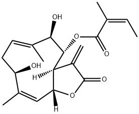 2-Butenoic acid, 2-methyl-, 2,3,3a,4,5,8,9,11a-octahydro-5,9-dihydroxy -6,10-dimethyl-3-methylene-2-oxocyclodeca(b)furan-4-yl ester, (3aS-(3a R*,4S*(Z),5S*,6E,9S*,10Z,11aS*))- Struktur