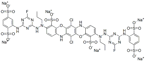 4,11-Triphenodioxazinedisulfonic acid, 6,13-dichloro-3,10-bis3-4-(2,5-disulfophenyl)amino-6-fluoro-1,3,5-triazin-2-ylaminopropylamino-, hexasodium salt Struktur