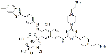 2-Naphthalenesulfonic acid, 7-[[4,6-bis[4-(2-aminoethyl)-1-piperazinyl]-1,3,5-triazin-2-yl]amino]-4-hydroxy-3-[[4-(6-methyl-2-benzothiazolyl)phenyl]azo]-, formate (salt) hydrochloride methanesulfonate (salt) Struktur