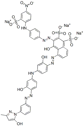 4-hydroxy-5-[[2-hydroxy-4-[3-hydroxy-4-[[3-(5-hydroxy-3-methyl-1H-pyrazol-1-yl)phenyl]azo]anilino]phenyl]azo]-3-[[4-(4-nitro-2-sulphoanilino)phenyl]azo]naphthalenedisulphonic acid, sodium salt Struktur