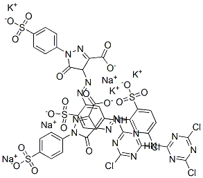 4-[[5-[(4,6-dichloro-1,3,5-triazin-2-yl)amino]-2-sulphophenyl]azo]-4,5-dihydro-5-oxo-1-(4-sulphophenyl)-1H-pyrazole-3-carboxylic acid, potassium sodium salt Struktur