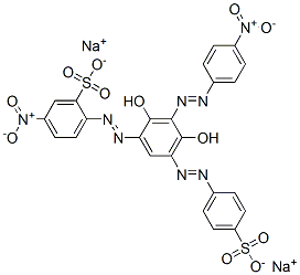 disodium 2-[[2,4-dihydroxy-3-[(4-nitrophenyl)azo]-5-[(4-sulphonatophenyl)azo]phenyl]azo]-5-nitrobenzenesulphonate Struktur