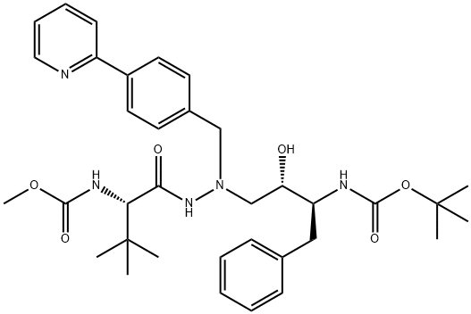 12-Oxa-2,5,6,10-tetraazatetradecanoic acid, 3-(1,1-diMethylethyl)-8-hydroxy-13,13-diMethyl-4,11-dioxo-9-(phenylMethyl)-6-[[4-(2-pyridinyl)phenyl]Methyl]-, Methyl ester, (3S,8S,9S)- Struktur