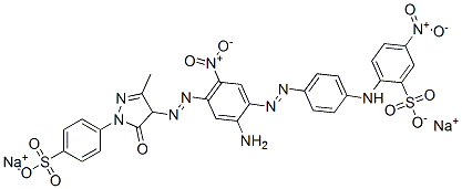 disodium 2-[[4-[[2-amino-4-[[4,5-dihydro-3-methyl-5-oxo-1-(4-sulphonatophenyl)-1H-pyrazol-4-yl]azo]-5-nitrophenyl]azo]phenyl]amino]-5-nitrobenzenesulphonate Struktur