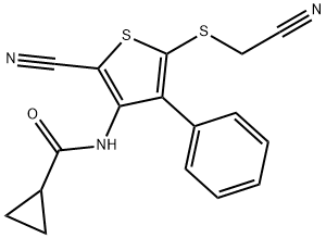 N-{2-cyano-5-[(cyanomethyl)sulfanyl]-4-phenyl-3-thienyl}cyclopropanecarboxamide Struktur