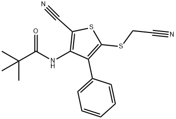 N-{2-cyano-5-[(cyanomethyl)sulfanyl]-4-phenyl-3-thienyl}-2,2-dimethylpropanamide Struktur