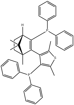 (1R,aR)-3-Diphenylphosphino-2-(4-diphenylphosphino-2,5-dimethyl-3-thienyl)-1,7,7-trimethylbicyclo[2.2.1]hept-2-ene Struktur