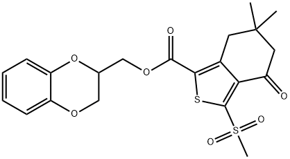 Benzo[c]thiophene-1-carboxylic acid, 4,5,6,7-tetrahydro-6,6-dimethyl-3-(methylsulfonyl)-4-oxo-, (2,3-dihydro-1,4-benzodioxin-2-yl)methyl ester Struktur