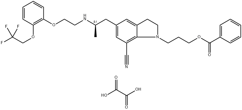 1-[3-(Benzoyloxy)propyl]-2,3-dihydro-5-[(2R)-2-[[2-[2-(2,2,2-trifluoroethoxy)phenoxy]ethyl]amino]propyl]-1H-indole-7-carbonitrile ethanedioate Struktur