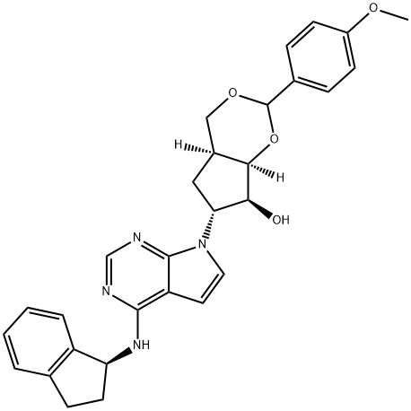 (4aS,6R,7S,7aR)-6-[4-[[(1S)-2,3-Dihydro-1H-inden-1-yl]aMino]-7H-pyrrolo[2,3-d]pyriMidin-7-yl]hexahydro-2-(4-Methoxyphenyl)-cyclopenta-1,3-dioxin-7-ol Struktur