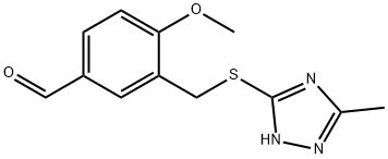 4-methoxy-3-{[(3-methyl-1H-1,2,4-triazol-5-yl)thio]methyl}benzaldehyde Struktur