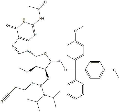 N-Acetyl-5'-O-(4,4-dimethoxytrityl)-2'-O-methylguanosine-3'-(2-cyanoethyl-N,N-diisopropyl)phosphoramidite Struktur