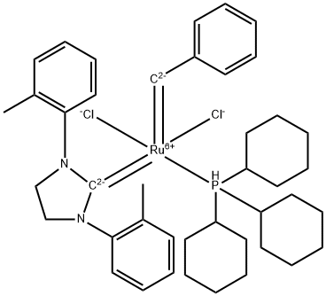 Dichloro[1,3-Bis(2-methylphenyl)-2-imidazolidinylidene](benzylidene)(tricyclohexylphosphine)ruthenium(II) Struktur