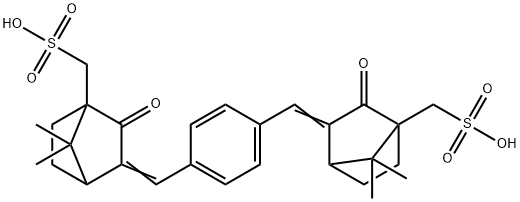 [(3E)-3-[[4-[(Z)-[7,7-dimethyl-3-oxo-4-(sulfomethyl)norbornan-2-yliden e]methyl]phenyl]methylidene]-7,7-dimethyl-2-oxo-norbornan-1-yl]methane sulfonic acid Struktur