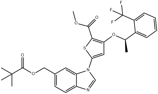 (R)-Methyl 5-(6-(pivaloyloxyMethyl)-1H-benzo[d]iMidazol-1-yl)-3-(1-(2-(trifluoroMethyl)phenyl)ethoxy)thiophene-2-carboxylate Struktur