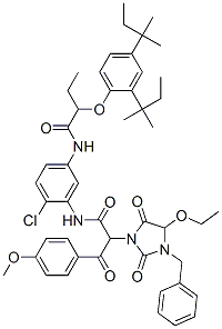 .alpha.-(4-Methoxybenzoyl)-.alpha.-(1-benzyl-5-ethoxy-3-hydantoinyl)-5'-[.alpha.-(2,4-di-tert-amylphenoxy)butylamido]-2'-chloroacetanilide Struktur