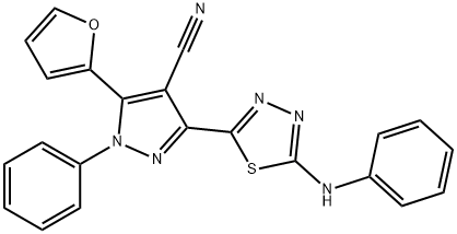 1H-Pyrazole-4-carbonitrile,  5-(2-furanyl)-1-phenyl-3-[5-(phenylamino)-1,3,4-thiadiazol-2-yl]- Struktur