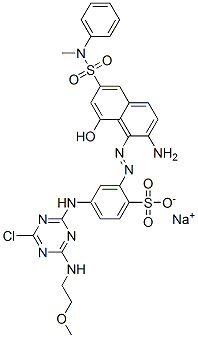 sodium 2-[[2-amino-8-hydroxy-6-[(methylanilino)sulphonyl]-1-naphthyl]azo]-4-[[4-chloro-6-[(2-methoxyethyl)amino]-1,3,5-triazin-2-yl]amino]benzenesulphonate Struktur