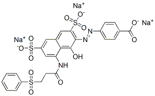 trisodium 4-[[1-hydroxy-8-[[1-oxo-3-(phenylsulphonyl)propyl]amino]-3,6-disulphonato-2-naphthyl]azo]benzoate Struktur