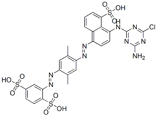 2-[[4-[[4-[(4-amino-6-chloro-1,3,5-triazin-2-yl)amino]-5-sulpho-1-naphthyl]azo]-2,5-dimethylphenyl]azo]benzene-1,4-disulphonic acid Struktur